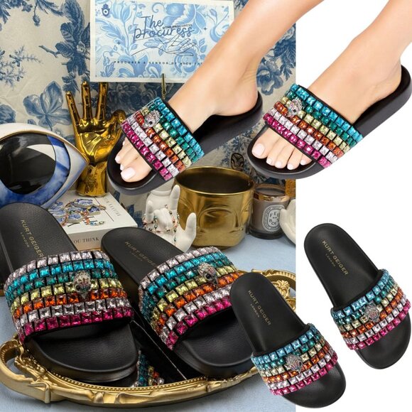 🆕 KURT GEIGER LONDON 🧿 NWOB Meena Eagle Jewel Sandal, Black Rainbow, Sz 40 US9 - Picture 1 of 12